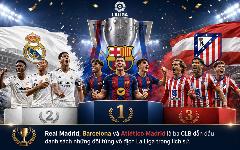 Real Madrid, Barcelona và Atlético Madrid là ba CLB dẫn đầu danh sách những đội từng vô địch La Liga trong lịch sử.